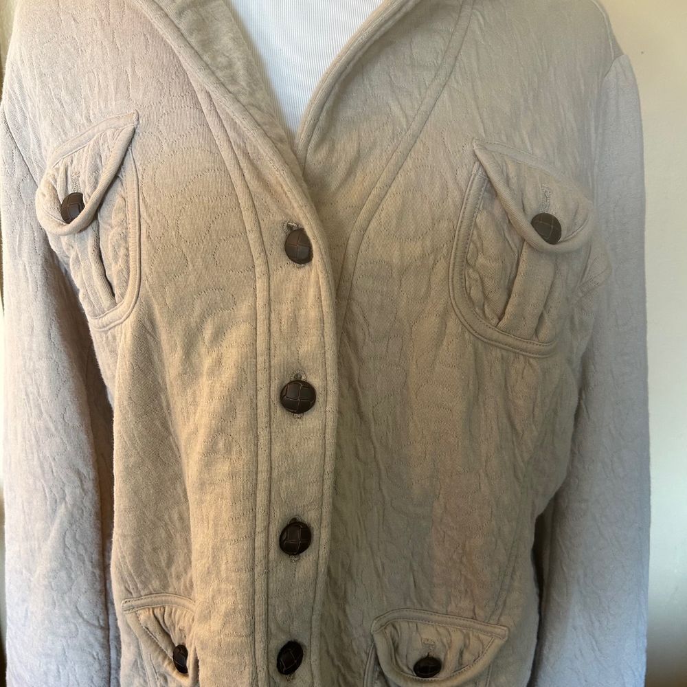 Coldwater Creek Quilted Jacket Tan Woven‎ "Leather" Buttons Woman's Petite Large - Picture 2 of 7